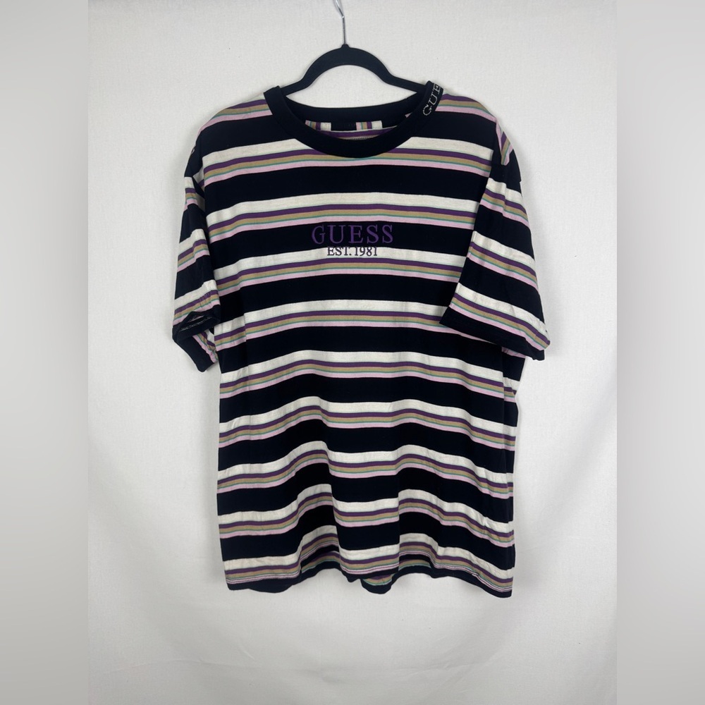 GUESS Men's Striped Tee with Purple Logo
